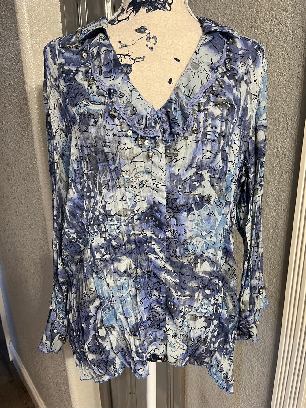 Jaipur Blue & Light Blue Script Ruffle V-Neck Blouse - Picture 1 of 8